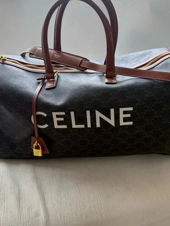 CELINE Black Logo Canvas & Brown Leather Duffel Bag - Picture 11 of 14